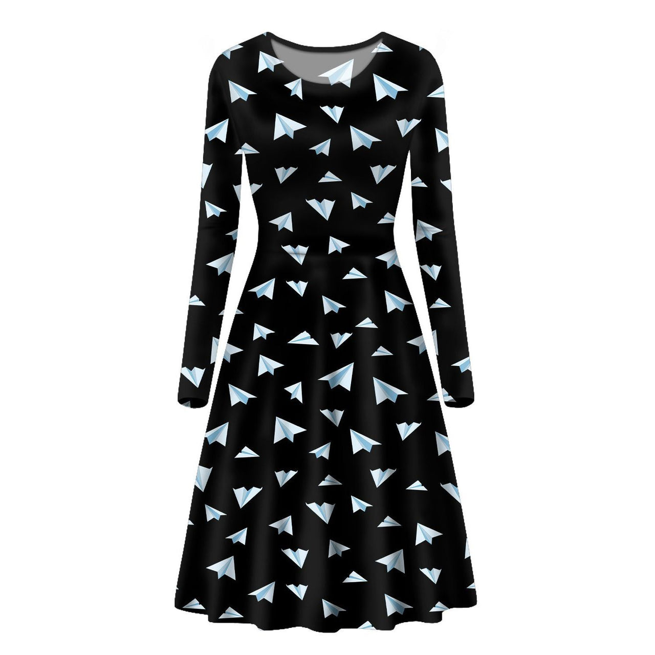 Paper Airplanes (Black) Designed Long Sleeve Women Midi Dress