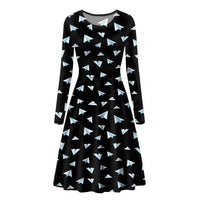 Thumbnail for Paper Airplanes (Black) Designed Long Sleeve Women Midi Dress