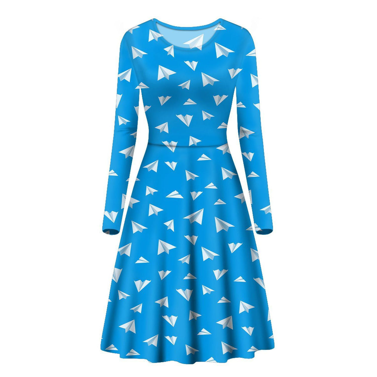 Paper Airplanes (Blue) Designed Long Sleeve Women Midi Dress