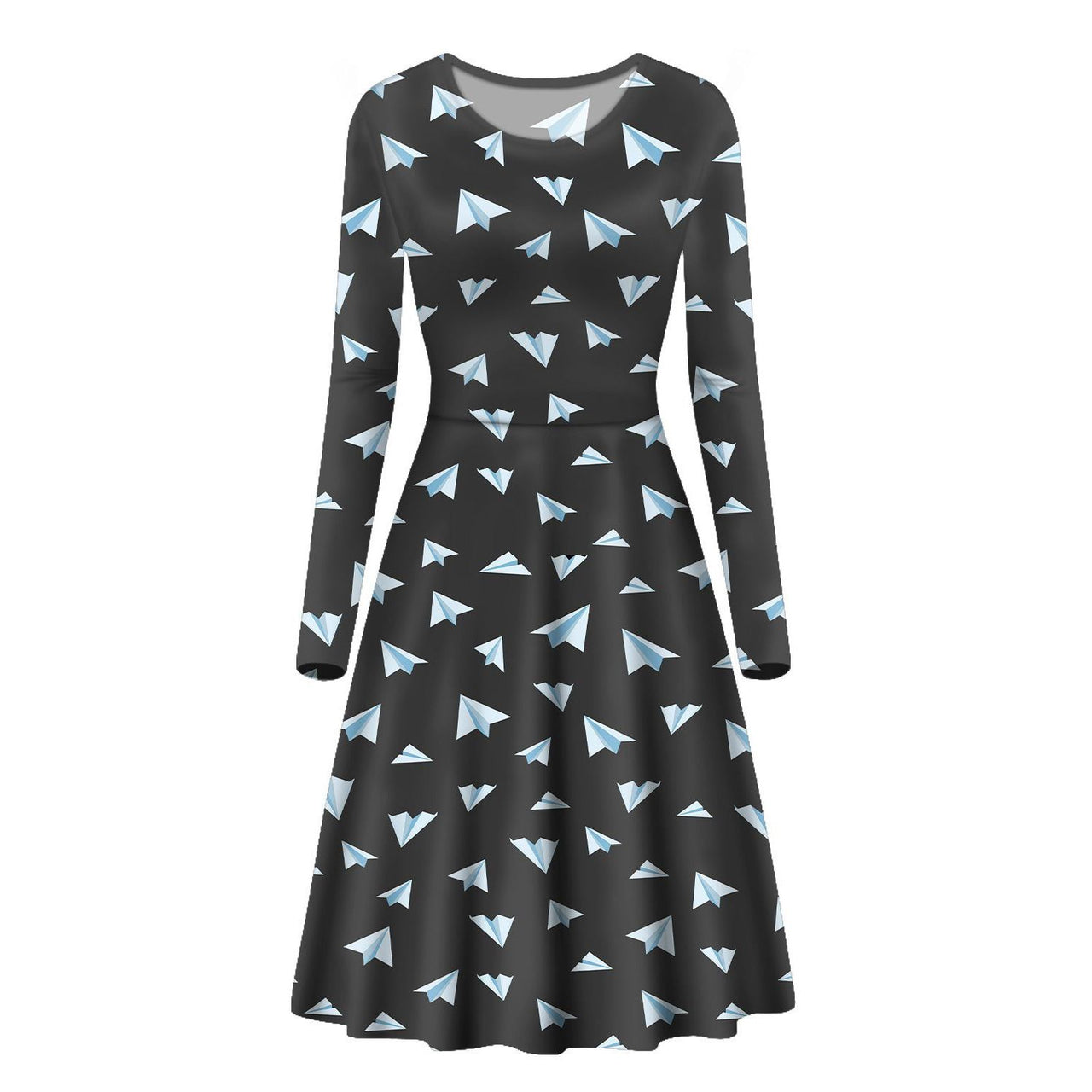 Paper Airplanes (Gray) Designed Long Sleeve Women Midi Dress
