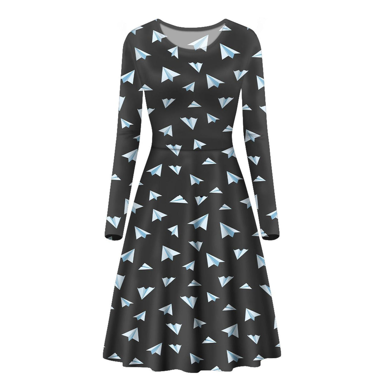 Paper Airplanes (Gray) Designed Long Sleeve Women Midi Dress