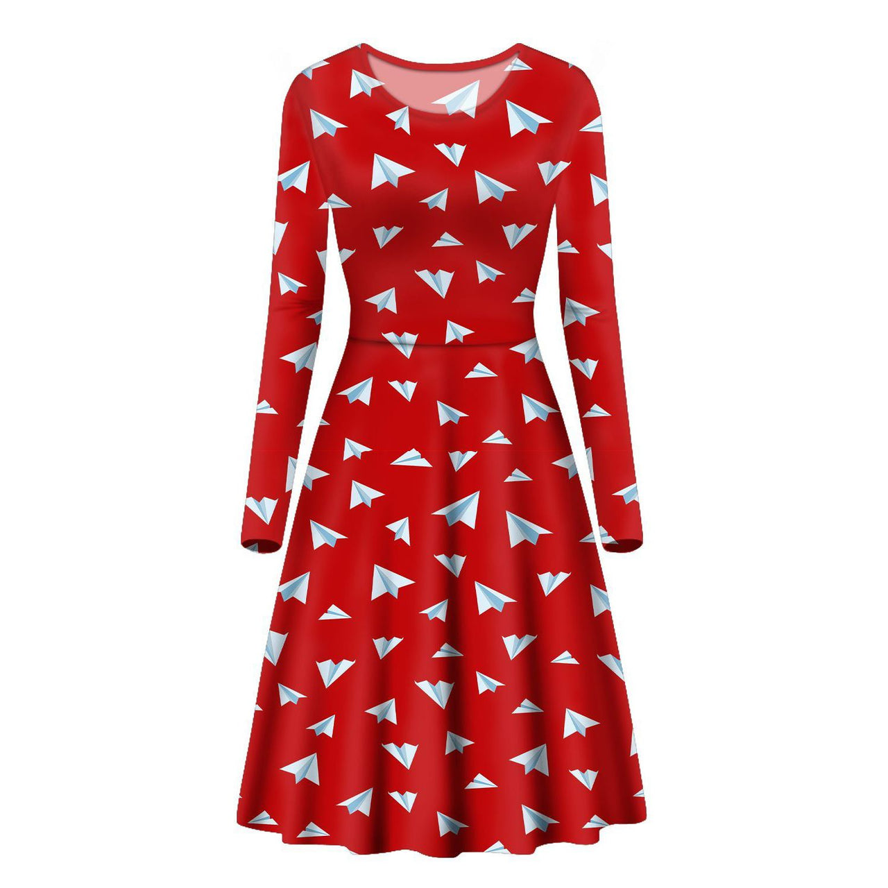 Paper Airplanes (Red) Designed Long Sleeve Women Midi Dress
