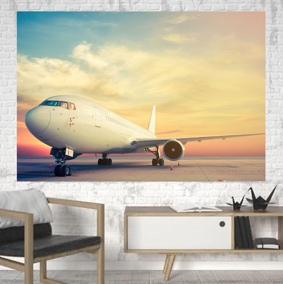 Parked Aircraft During Sunset Printed Canvas Posters (1 Piece) Aviation Shop 