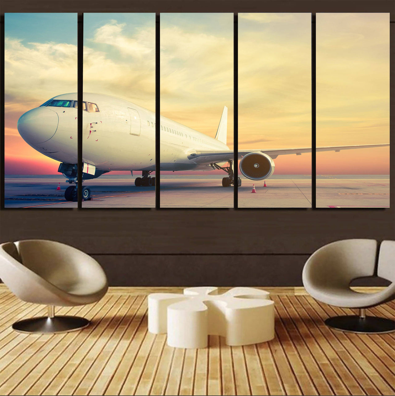 Parked Aircraft During Sunset Printed Canvas Prints (5 Pieces) Aviation Shop 