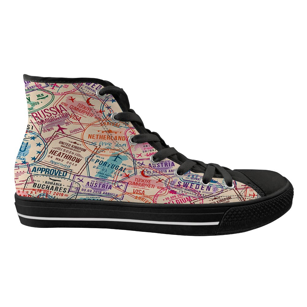 Passport Stamps Designed Long Canvas Shoes (Women)
