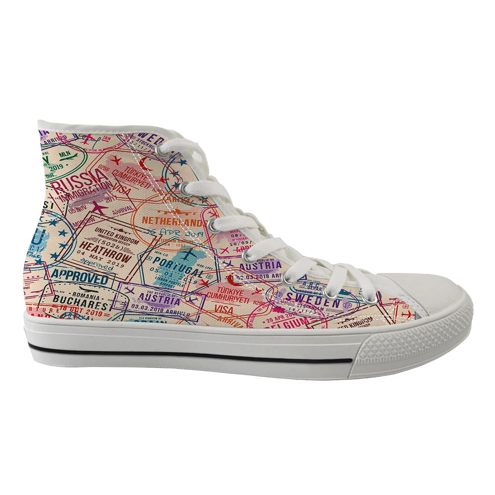 Passport Stamps Designed Long Canvas Shoes (Women)