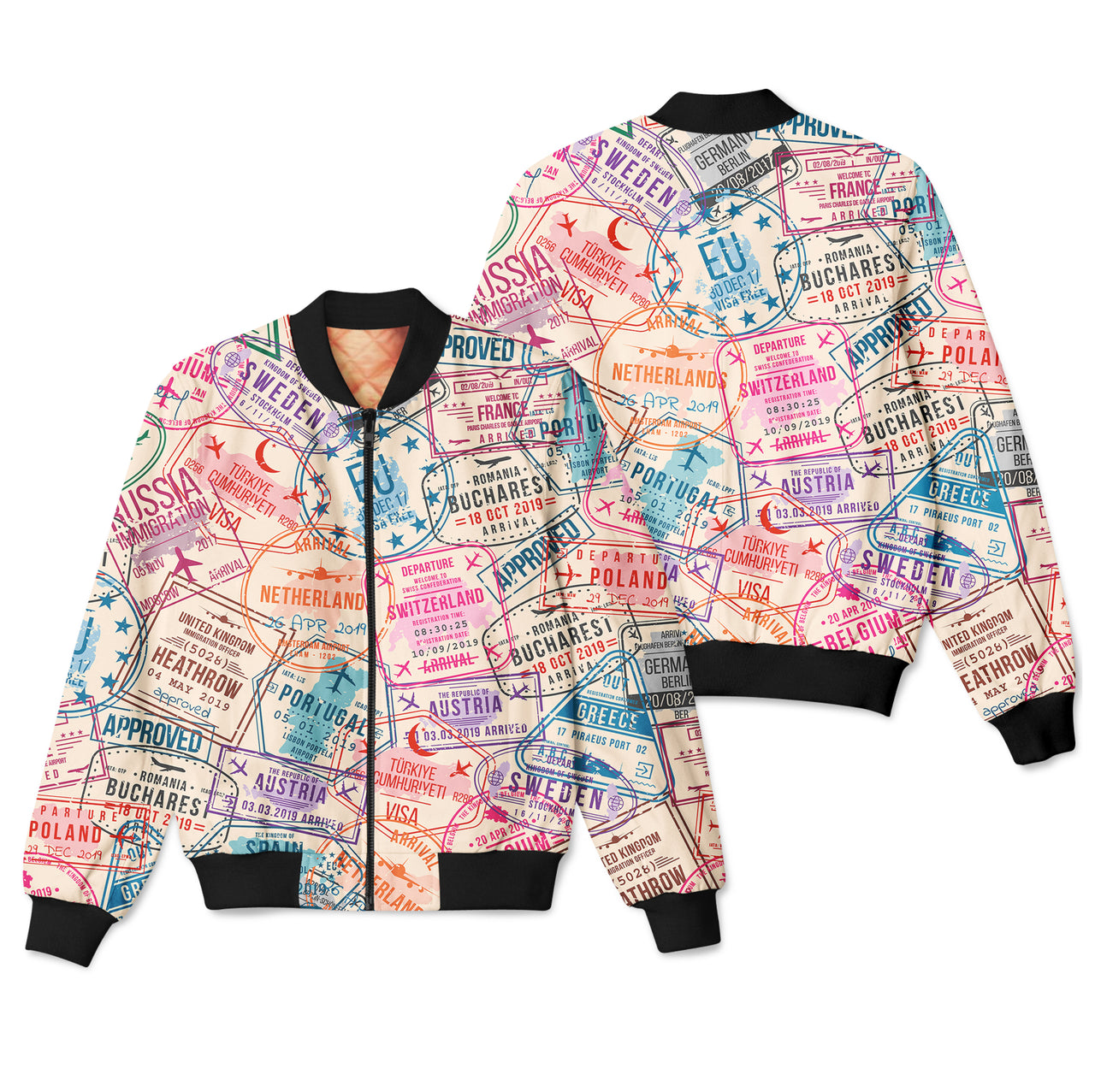 Passport Stamps Designed 3D Pilot Bomber Jackets