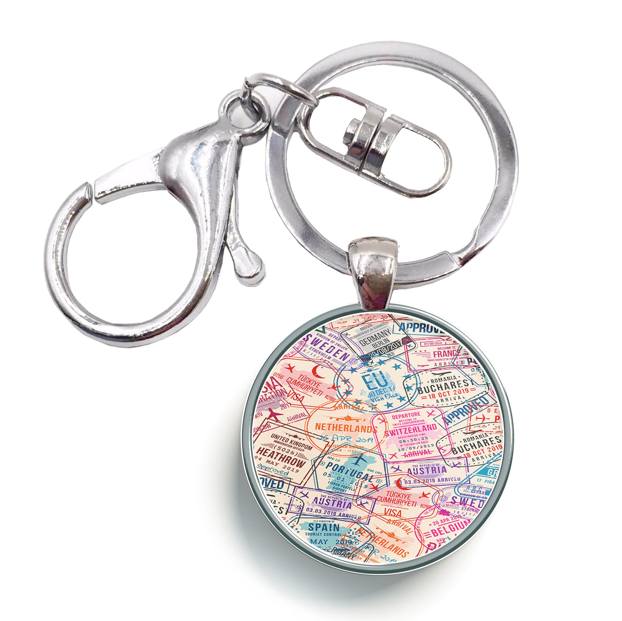 Passport Stamps Designed Circle Key Chains