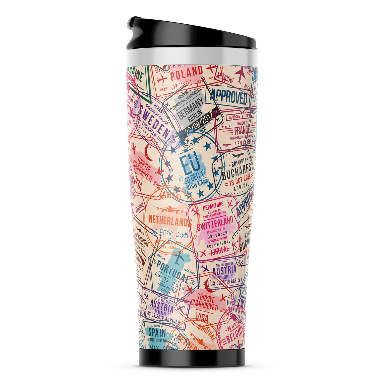 Passport Stamps Designed Stainless Steel Travel Mugs