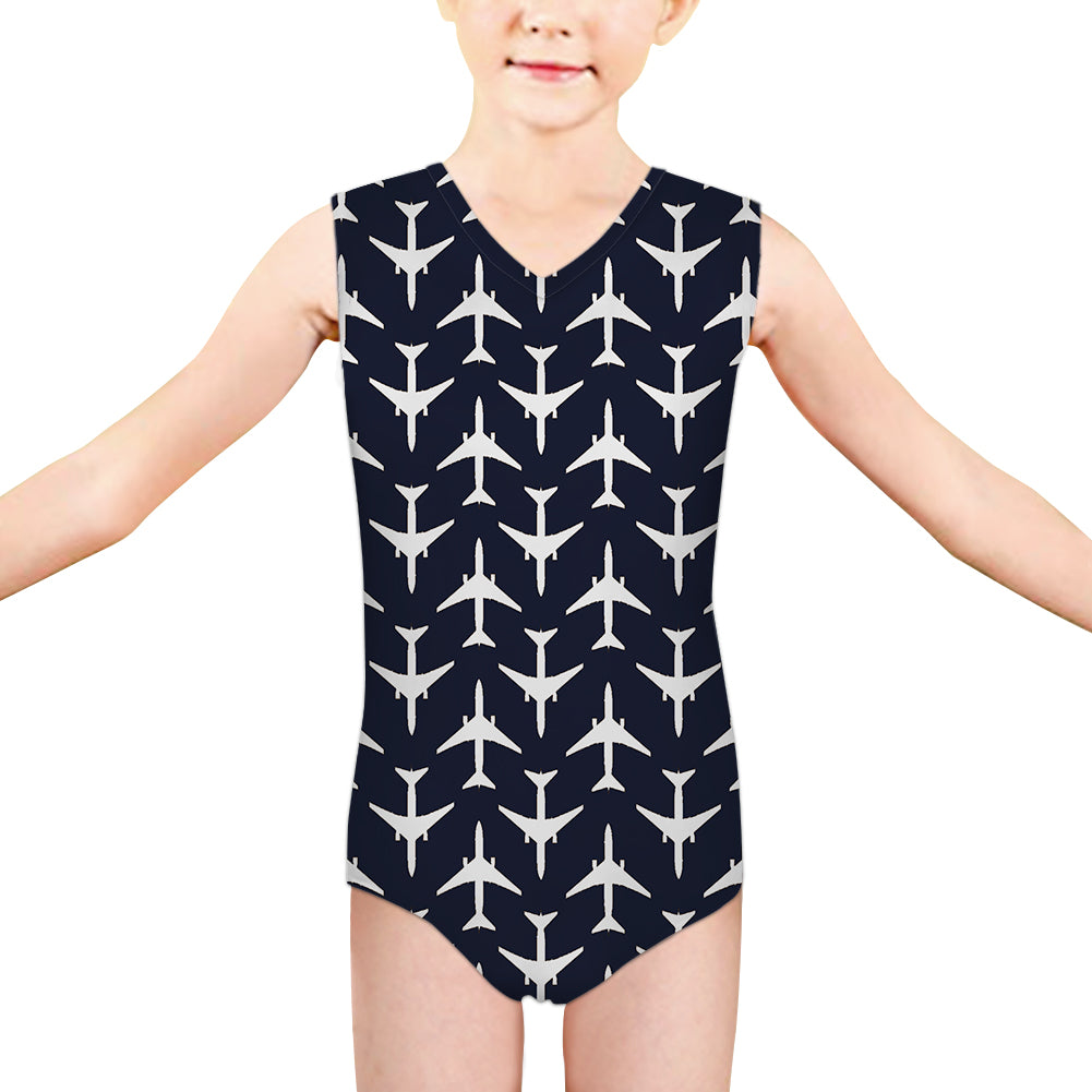 Perfectly Sized Seamless Airplanes Dark Blue Designed Kids Swimsuit