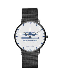 Thumbnail for Pilot In Progress aviation-themed slim watch, polished stainless steel.