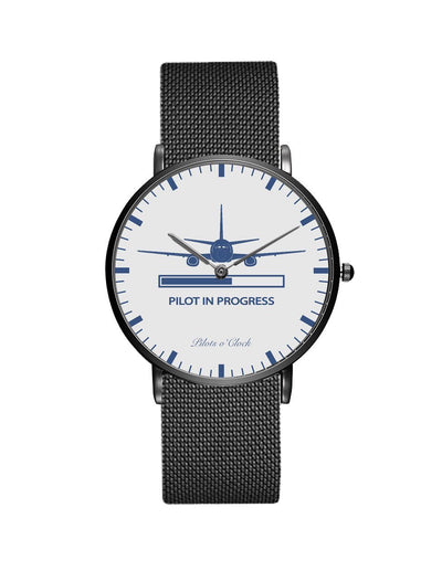 Pilot In Progress aviation-themed slim watch, polished stainless steel.