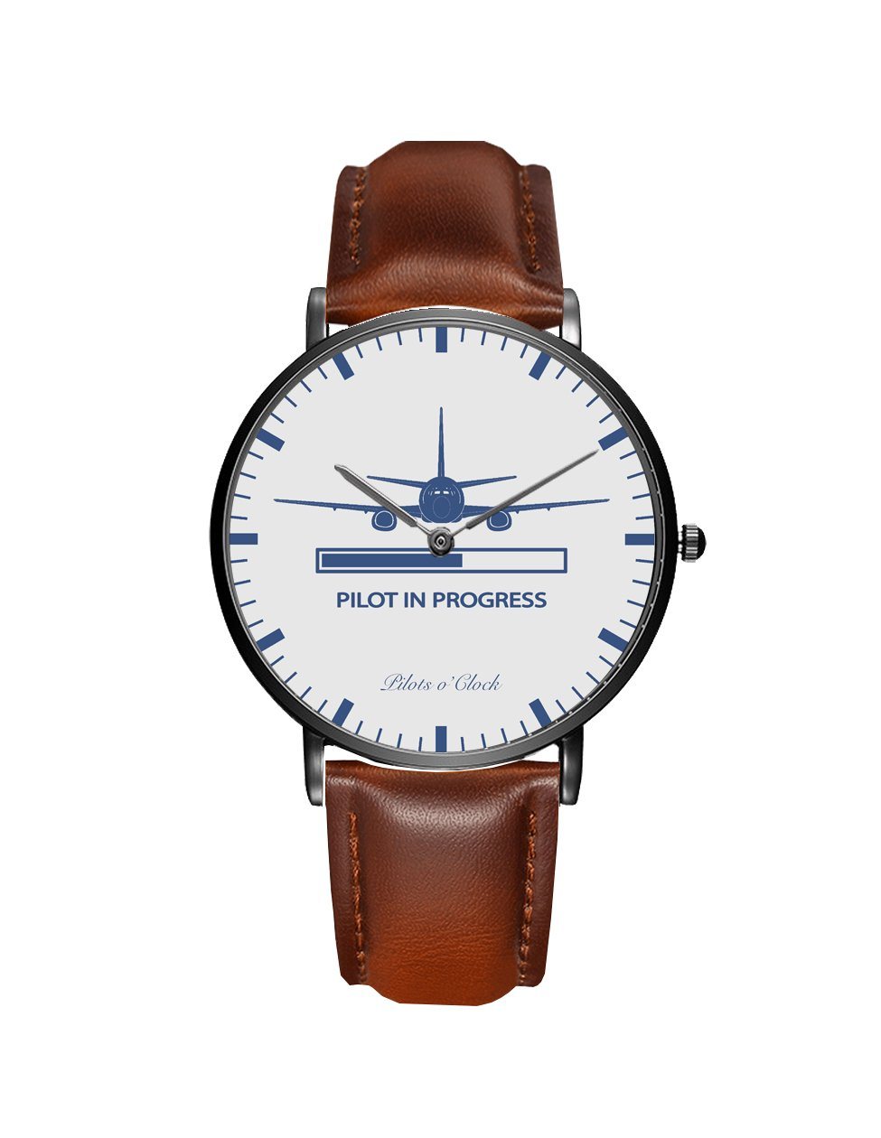 Pilot In Progress aviation slim watch, stainless steel body with engraved detail.