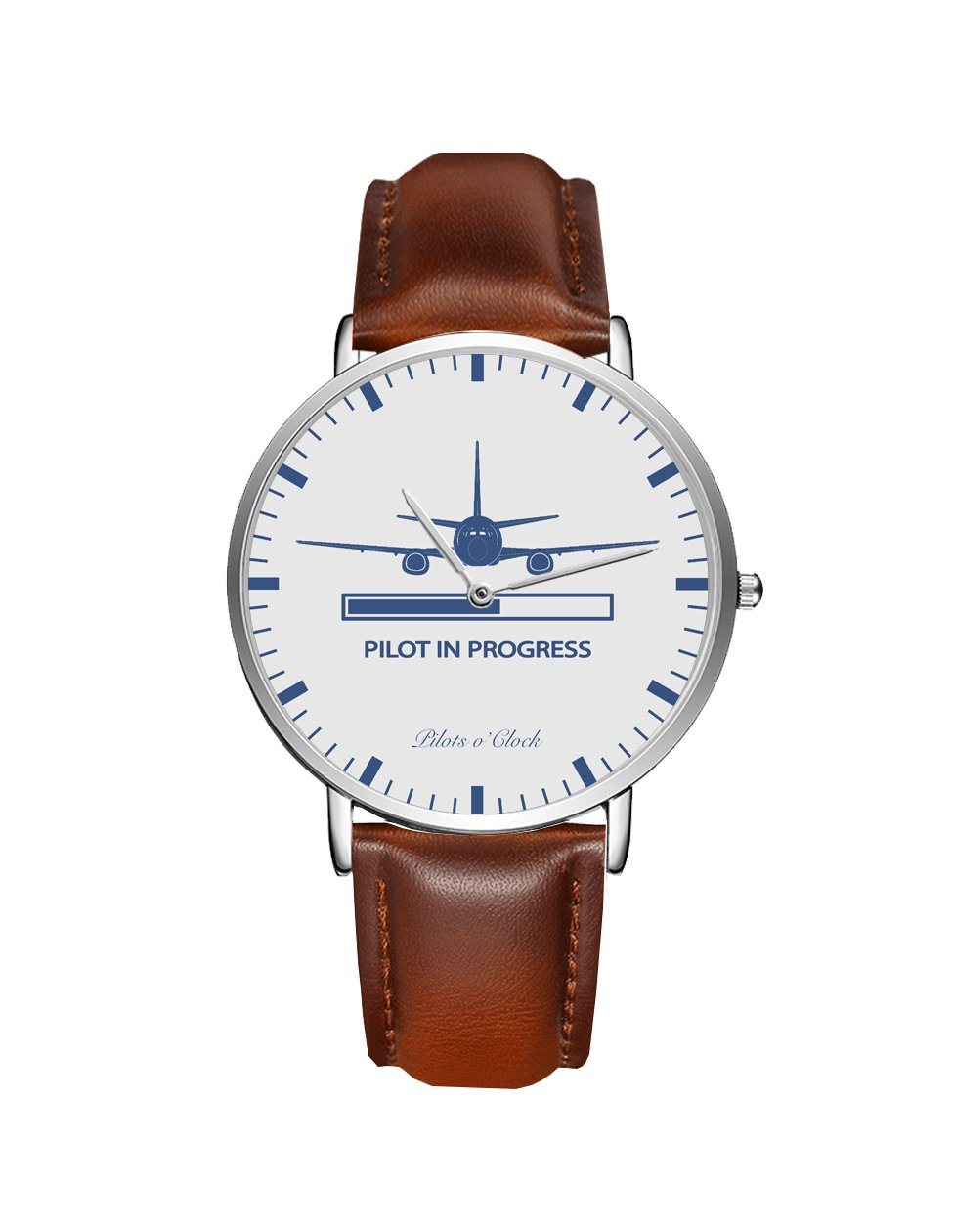 Pilot In Progress Leather Strap Watches Pilot Eyes Store Silver & Brown Leather Strap 