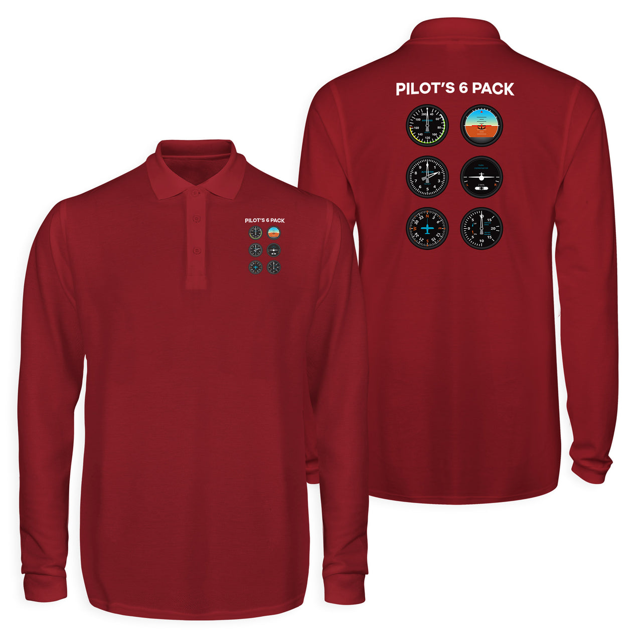 Pilot's 6 Pack Designed Long Sleeve Polo T-Shirts (Double-Side)