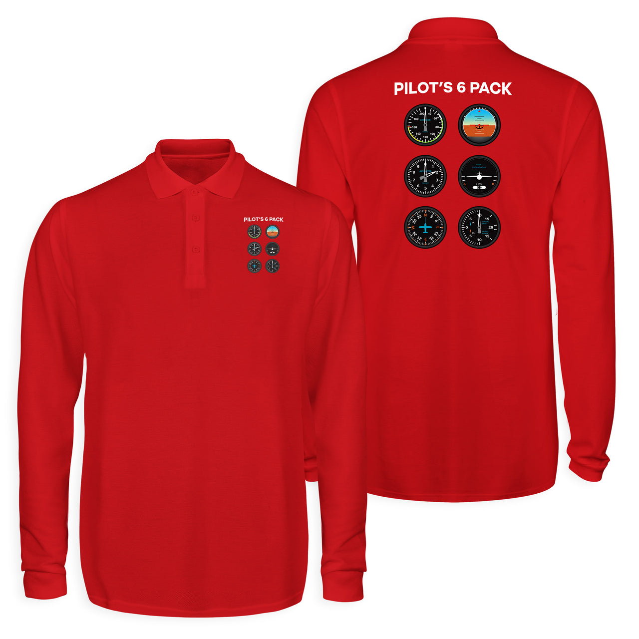 Pilot's 6 Pack Designed Long Sleeve Polo T-Shirts (Double-Side)
