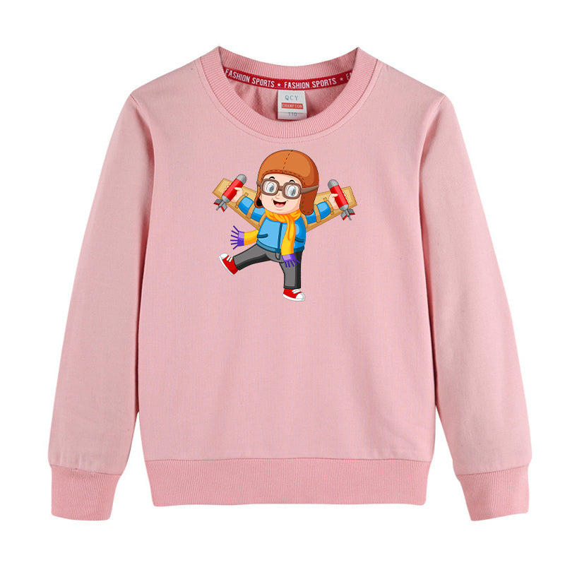 Cute Little Boy Pilot Costume Playing With Wings Designed "CHILDREN" Sweatshirts