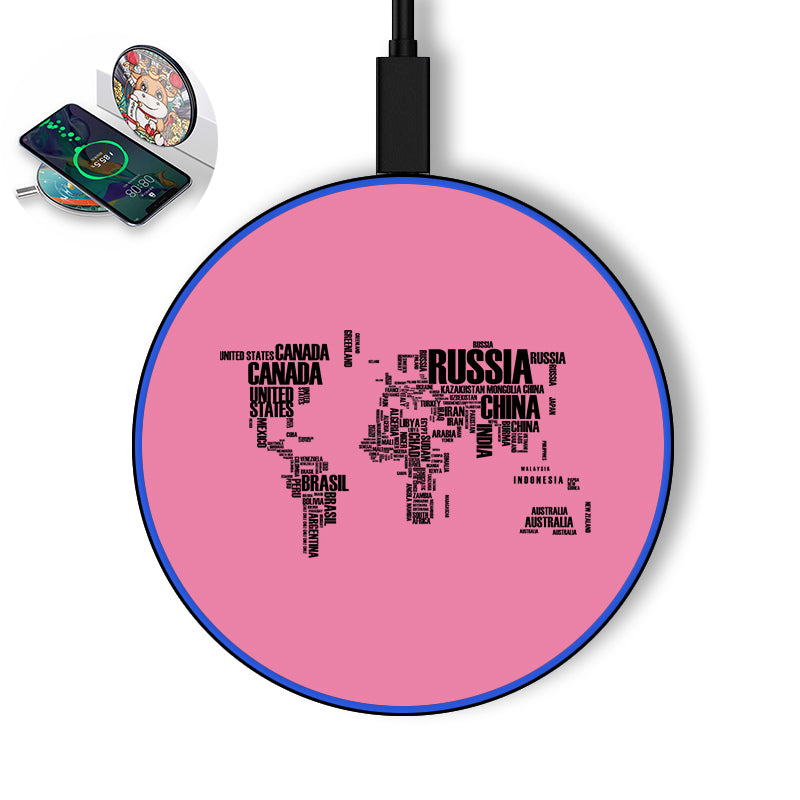 World Map (Text) Designed Wireless Chargers