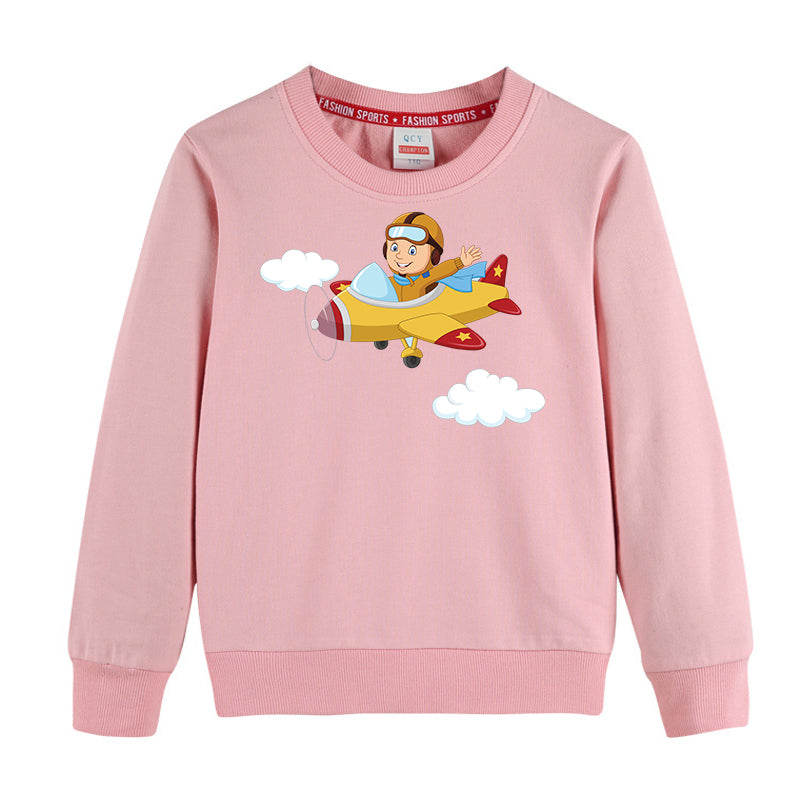 Cartoon Little Boy Operating Plane Designed "CHILDREN" Sweatshirts