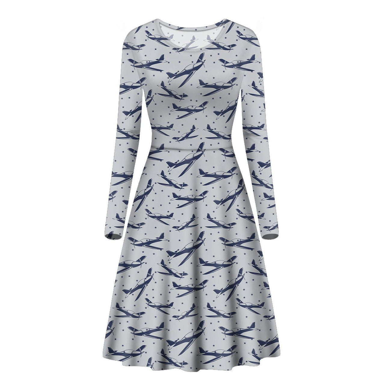 Propellers & Stars Designed Long Sleeve Women Midi Dress