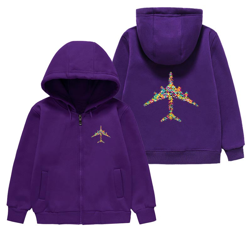Colourful Airplane Designed "CHILDREN" Zipped Hoodies