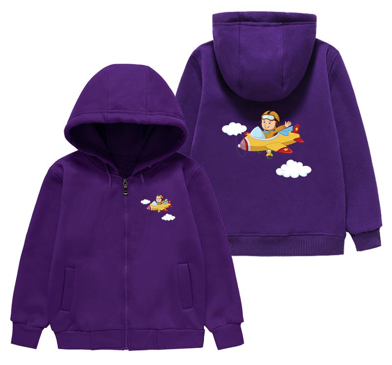 Cartoon Little Boy Operating Plane Designed "CHILDREN" Zipped Hoodies