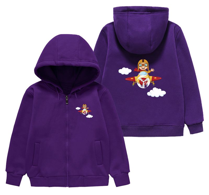 Cartoon Little Boy Operating Plane (Edition 2) Designed "CHILDREN" Zipped Hoodies