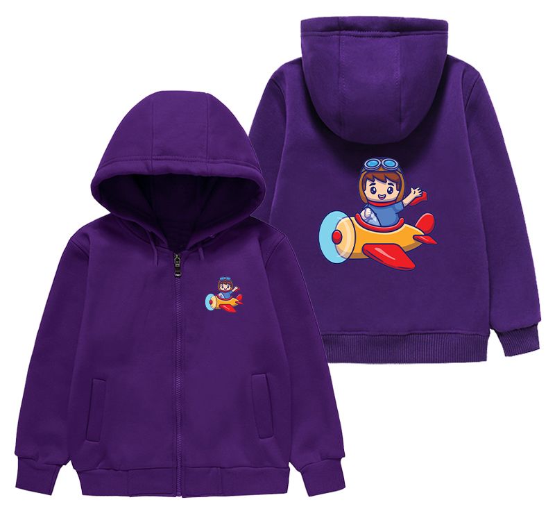 Cute Boy Driving Plane Cartoon Designed "CHILDREN" Zipped Hoodies