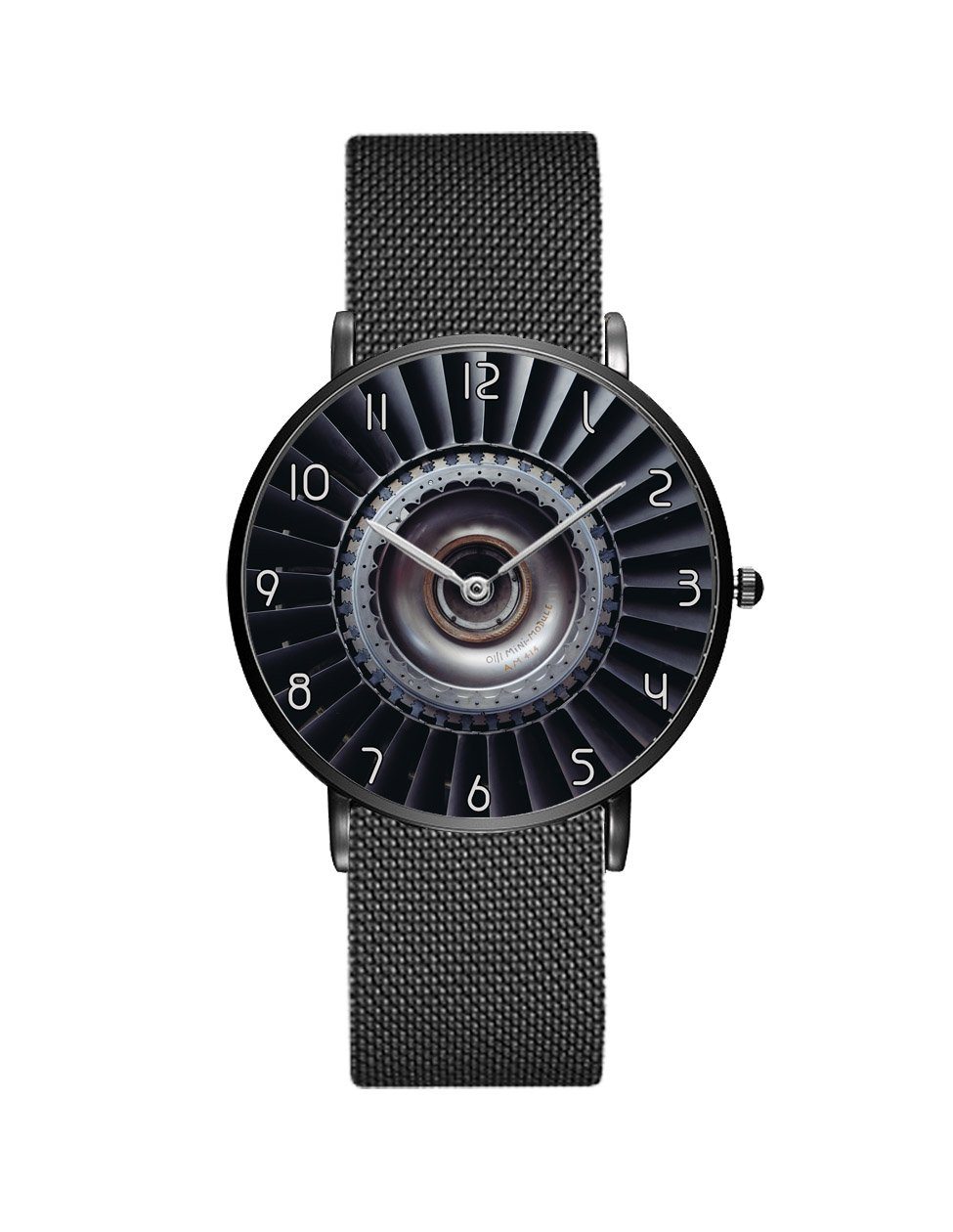 Real Jet Engine Printed aviation-themed slim watch, polished stainless steel.