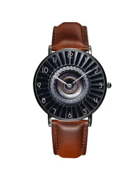 Thumbnail for Real Jet Engine Printed Leather Strap Watches Aviation Shop Black & Brown Leather Strap 