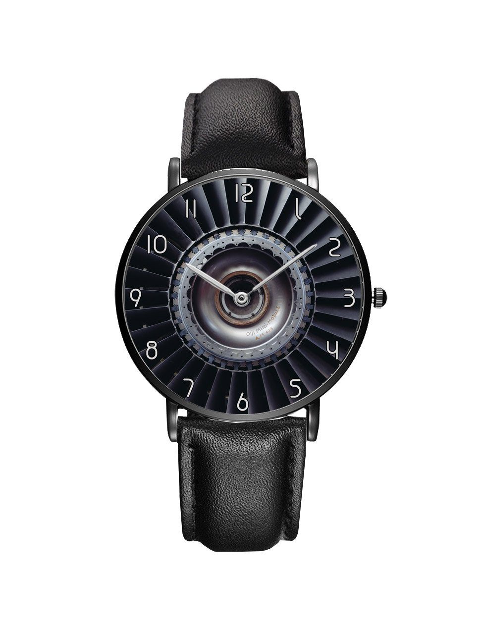 Real Jet Engine Printed Leather Strap Watches Aviation Shop Black & Black Leather Strap 