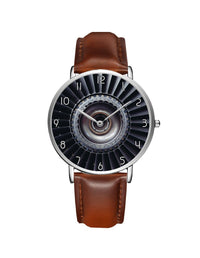 Thumbnail for Real Jet Engine Printed Leather Strap Watches Aviation Shop Silver & Brown Leather Strap 