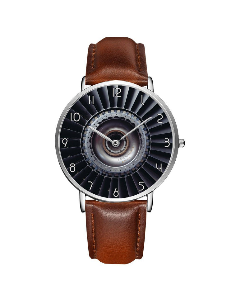 Real Jet Engine Printed Leather Strap Watches Aviation Shop Silver & Brown Leather Strap 