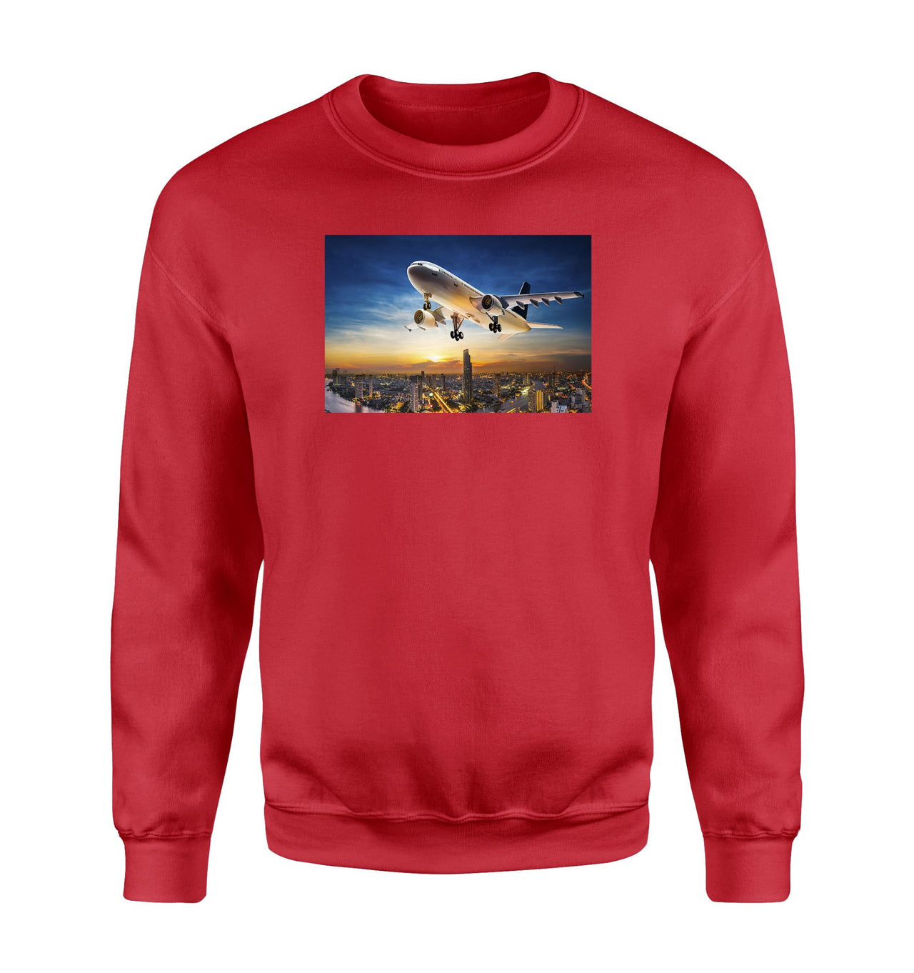 Super Aircraft over City at Sunset Designed Sweatshirts