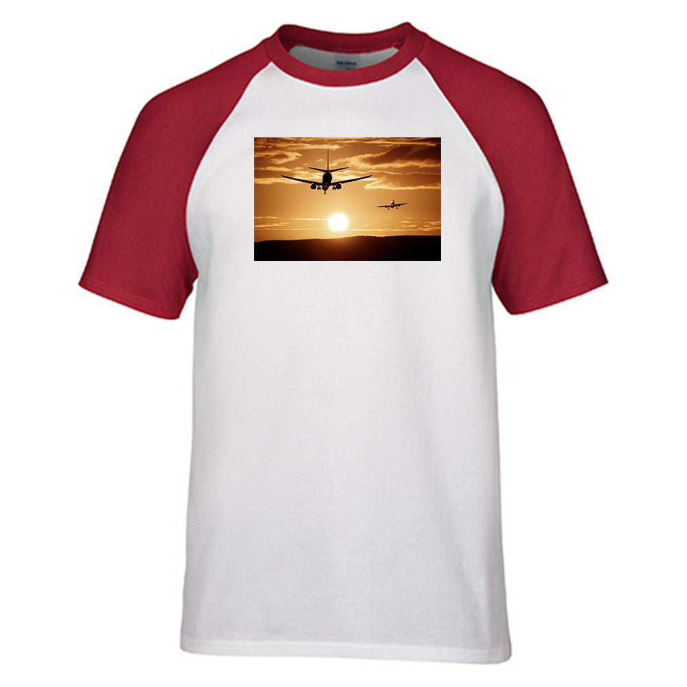 Two Aeroplanes During Sunset Designed Raglan T-Shirts