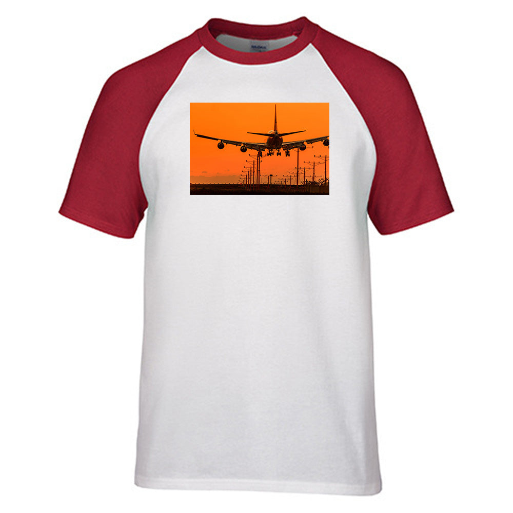 Close up to Boeing 747 Landing at Sunset Designed Raglan T-Shirts