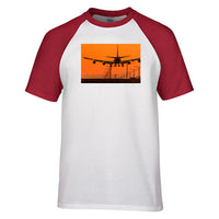 Thumbnail for Close up to Boeing 747 Landing at Sunset Designed Raglan T-Shirts