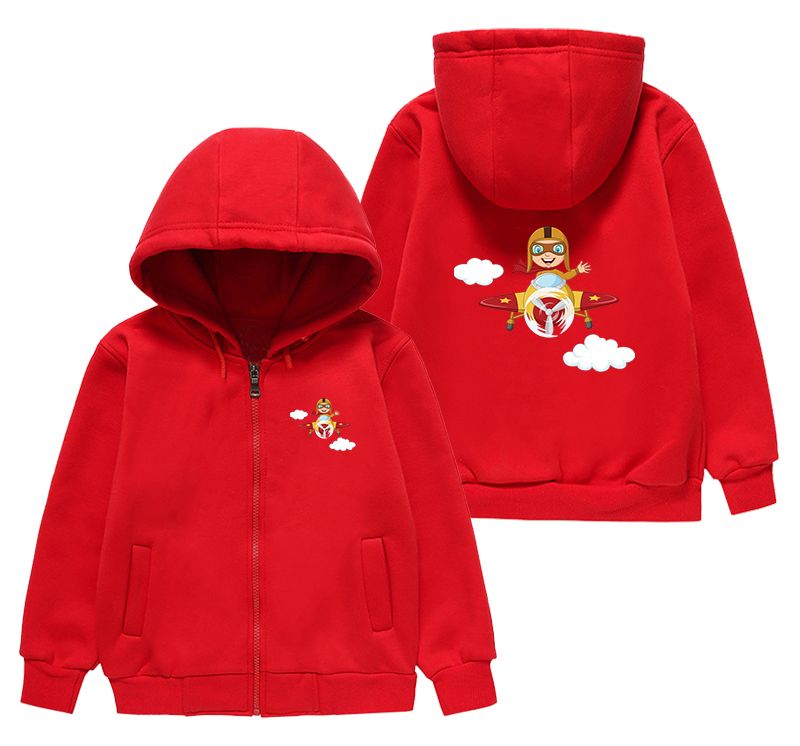 Cartoon Little Boy Operating Plane (Edition 2) Designed "CHILDREN" Zipped Hoodies