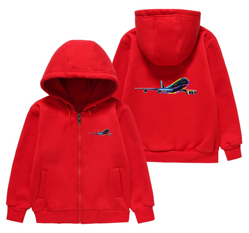 Multicolor Airplane Designed "CHILDREN" Zipped Hoodies