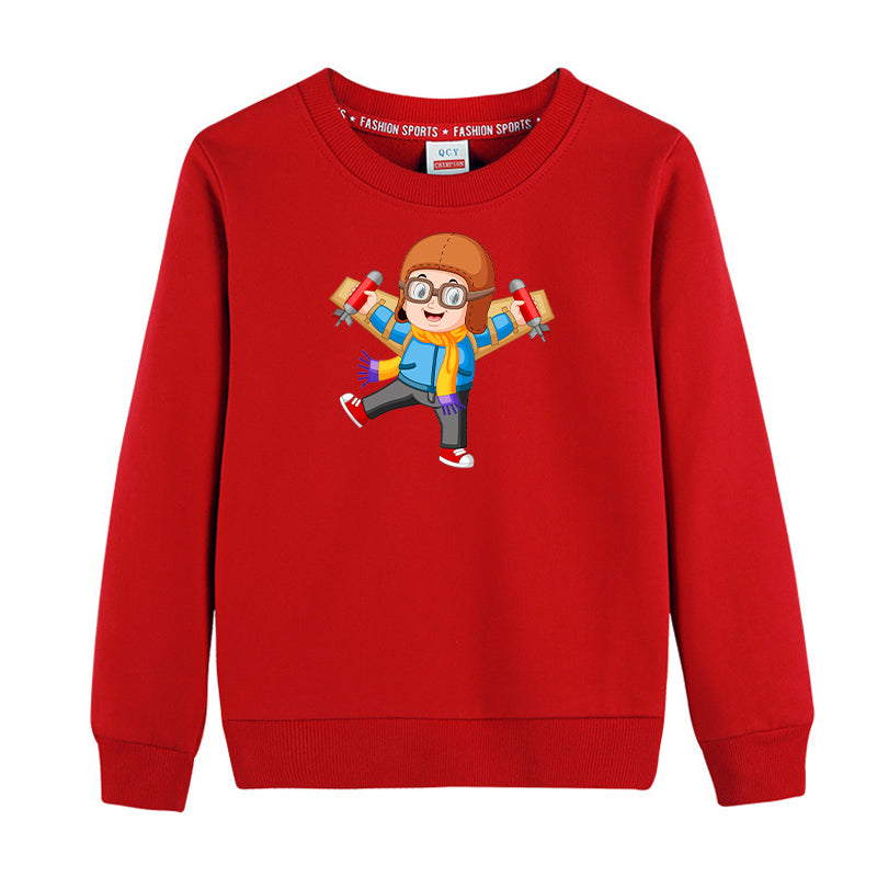 Cute Little Boy Pilot Costume Playing With Wings Designed "CHILDREN" Sweatshirts