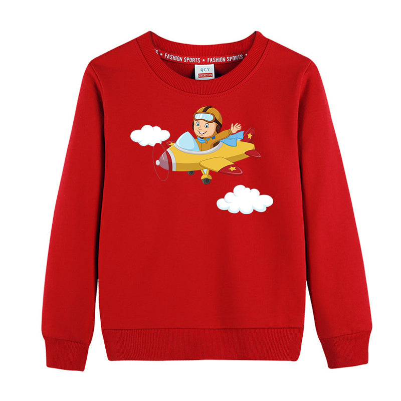 Cartoon Little Boy Operating Plane Designed "CHILDREN" Sweatshirts