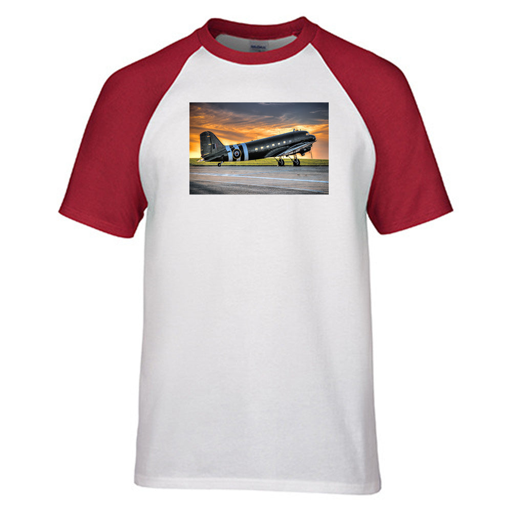Old Airplane Parked During Sunset Designed Raglan T-Shirts