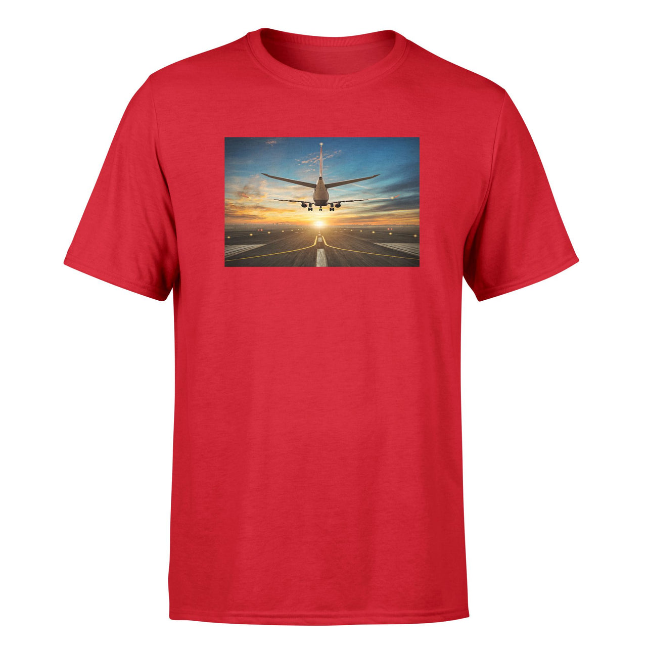 Airplane over Runway Towards the Sunrise Designed T-Shirts
