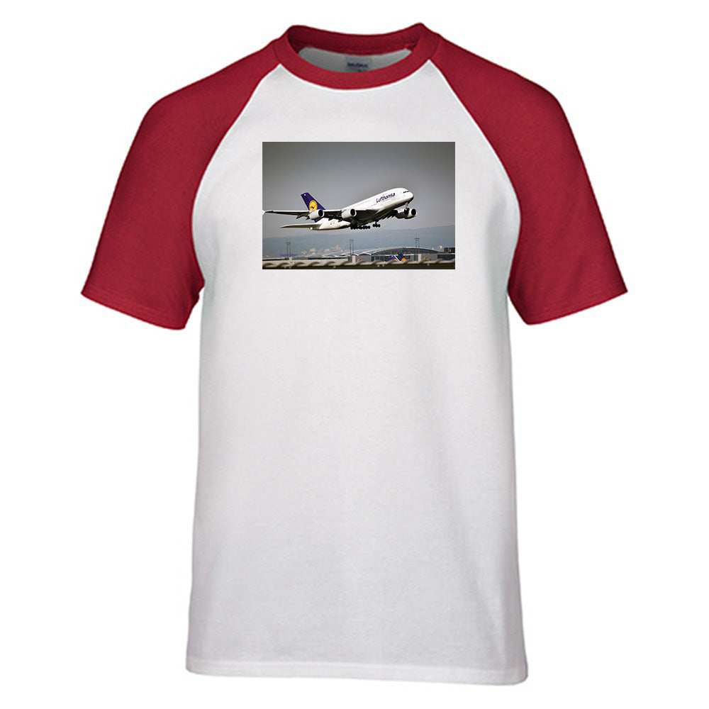 Departing Lufthansa A380 Designed Raglan T-Shirts