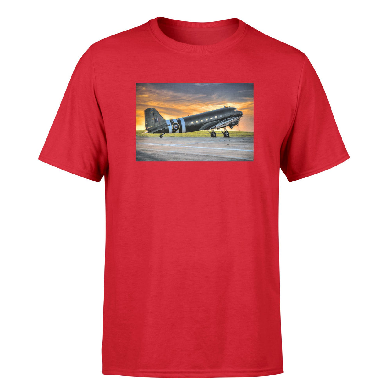Old Airplane Parked During Sunset Designed T-Shirts
