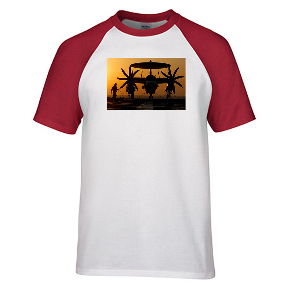 Military Plane at Sunset Designed Raglan T-Shirts