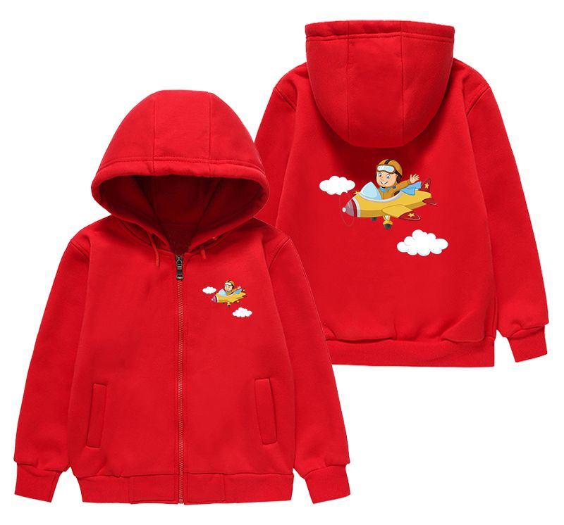 Cartoon Little Boy Operating Plane Designed "CHILDREN" Zipped Hoodies