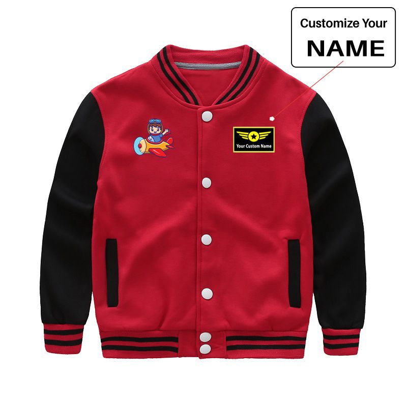 Cute Boy Driving Plane Cartoon Designed "CHILDREN" Baseball Jackets
