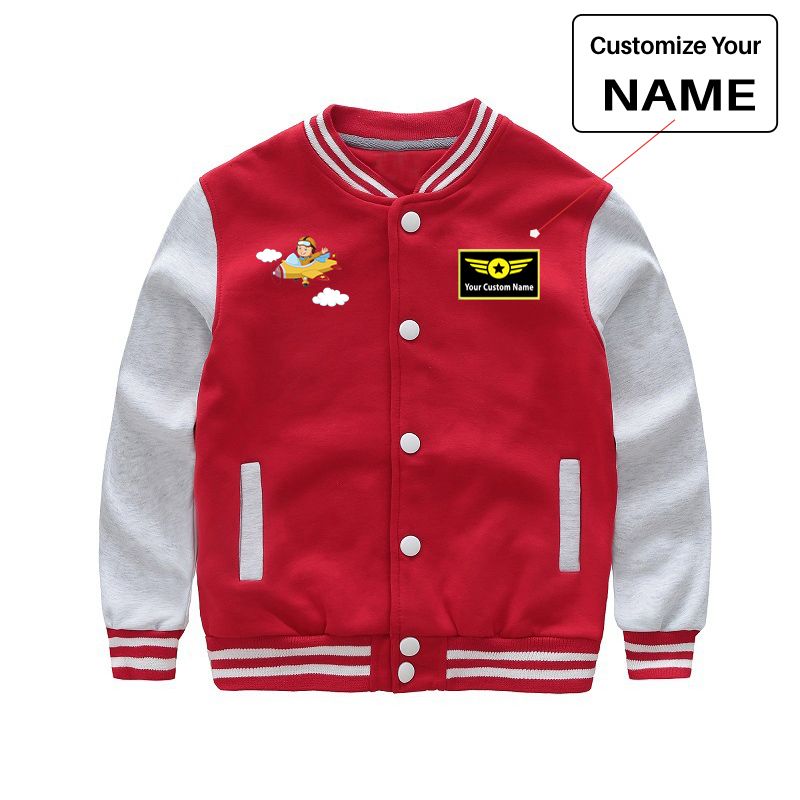 Cartoon Little Boy Operating Plane Designed "CHILDREN" Baseball Jackets