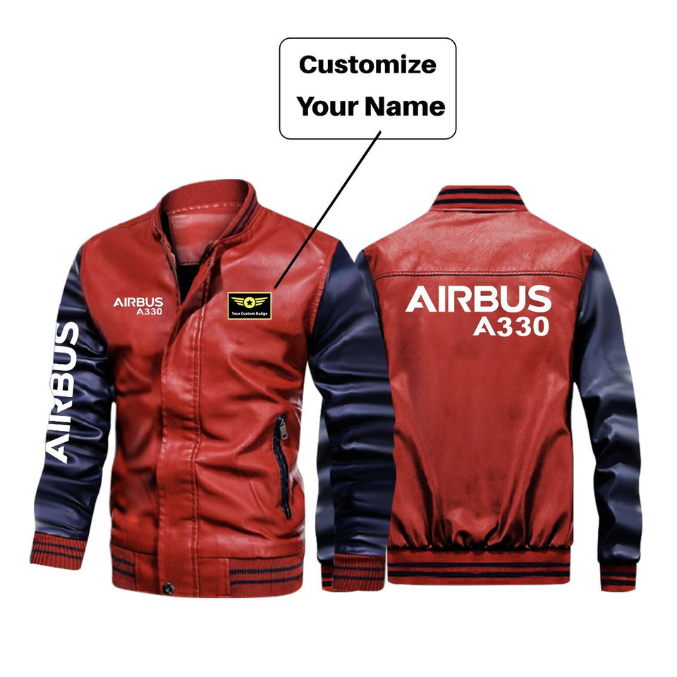 Airbus A330 & Text Designed Stylish Leather Bomber Jackets